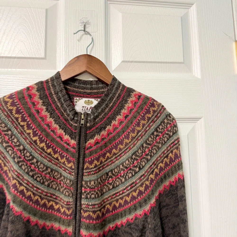 Vtg Y2k Cardigan Womens M Nordic Fair Isle Brown Zip Knit Sweater Cabin Cozy